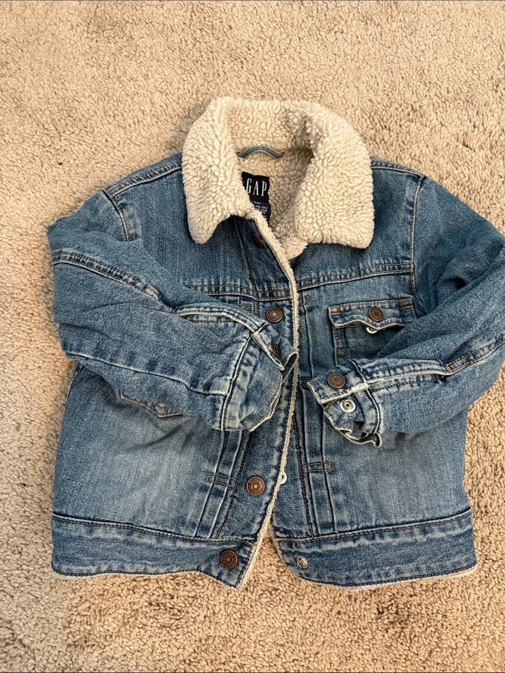 GAP Kids Blue Denim Jacket with Cream Sherpa Collar